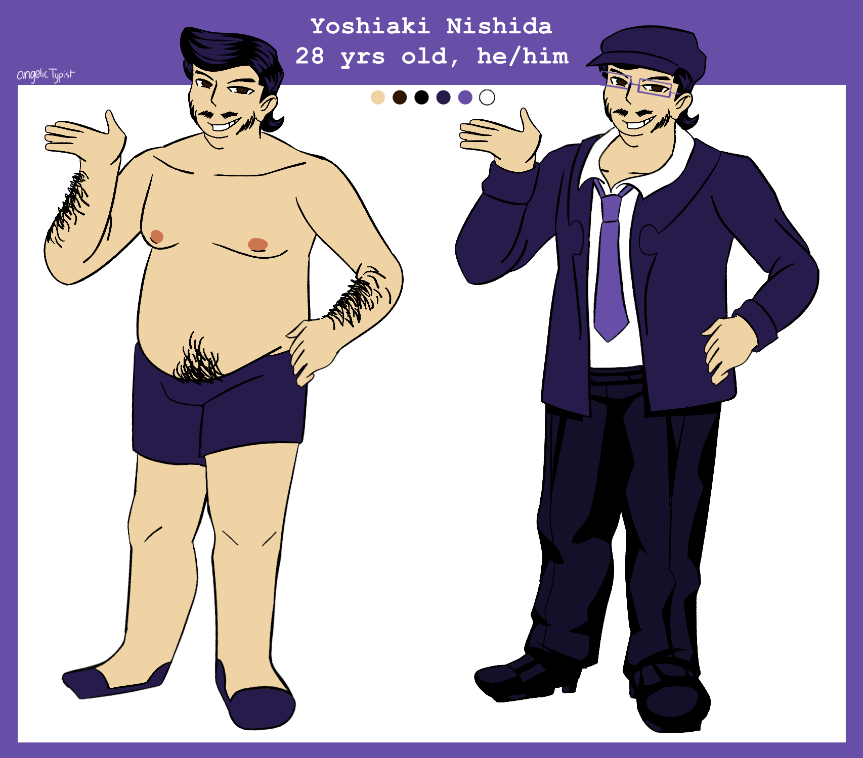 A reference sheet of Mr. Nishida. The text on the top-center reads 'Yoshiaki Nishida. 28 yrs old, he/him. On the right side is him in his usual work uniform; A dark purple cap, white dress shirt, a purple necktie, a dark purple coat, black trousers, and black dress shoes. On the left is him without his uniform, and in boxers.